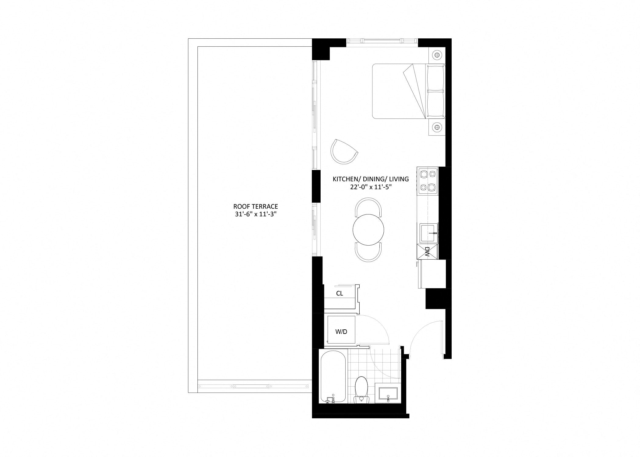 Floor plan for studio, 1 bath, 424 sqft